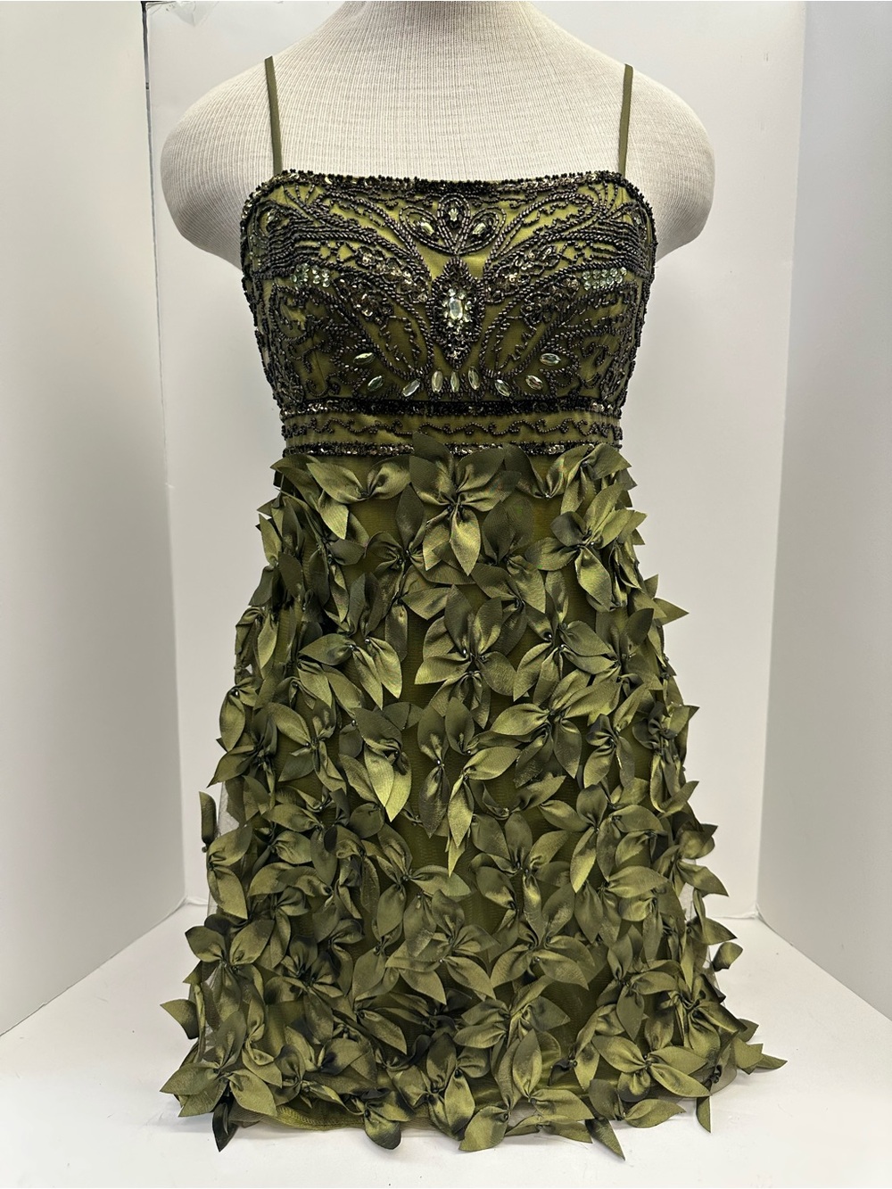 Sue Wong Olive Green Beaded Floral Appliqué Spaghetti-Strap Dress